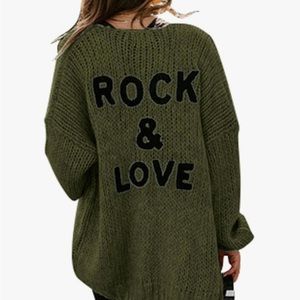 Long-Sleeve Open Front Cardigan Sweater, size 2X. “Rock & Love” on back.